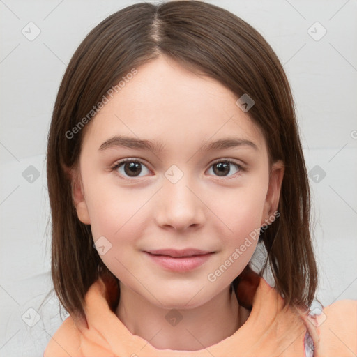 Joyful white child female with medium  brown hair and brown eyes