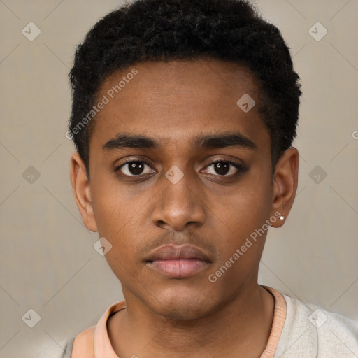 Neutral black young-adult male with short  black hair and brown eyes