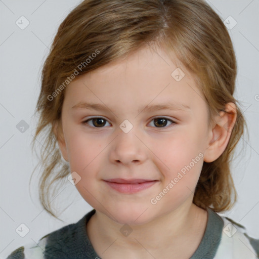 Joyful white child female with medium  brown hair and brown eyes