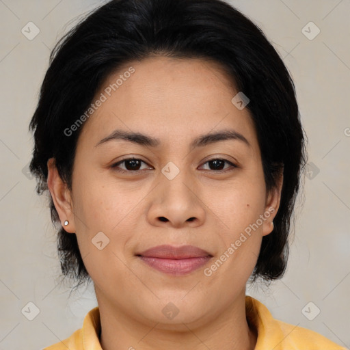 Joyful asian young-adult female with medium  brown hair and brown eyes