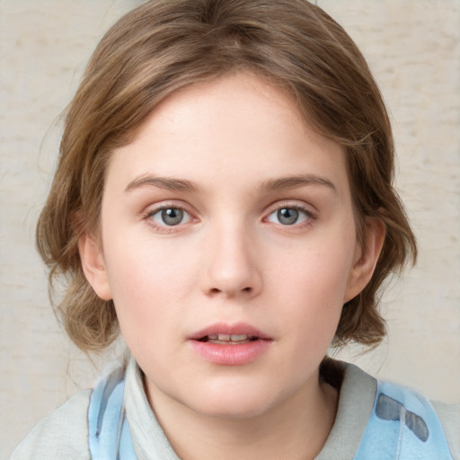 Neutral white child female with medium  brown hair and blue eyes