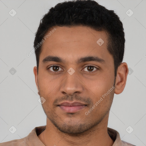 Neutral latino young-adult male with short  black hair and brown eyes