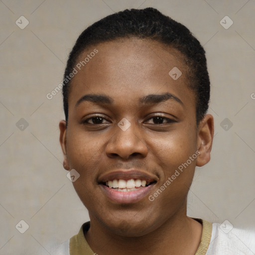 Joyful black young-adult female with short  black hair and brown eyes