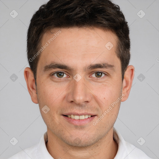 Joyful white young-adult male with short  brown hair and brown eyes