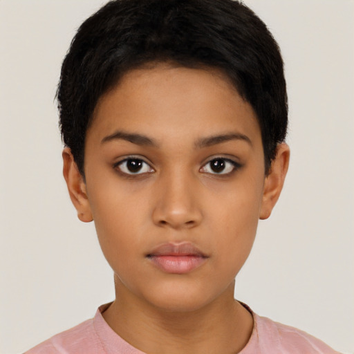 Neutral latino young-adult female with short  black hair and brown eyes