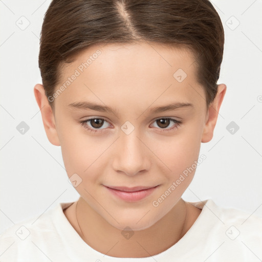 Joyful white child female with short  brown hair and brown eyes