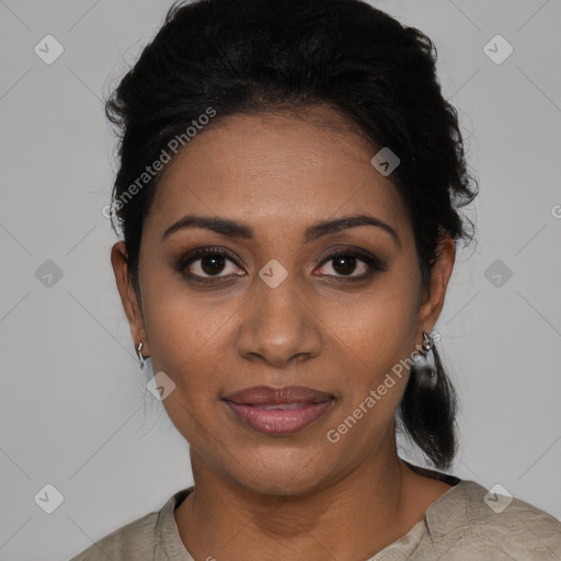 Joyful black young-adult female with medium  black hair and brown eyes