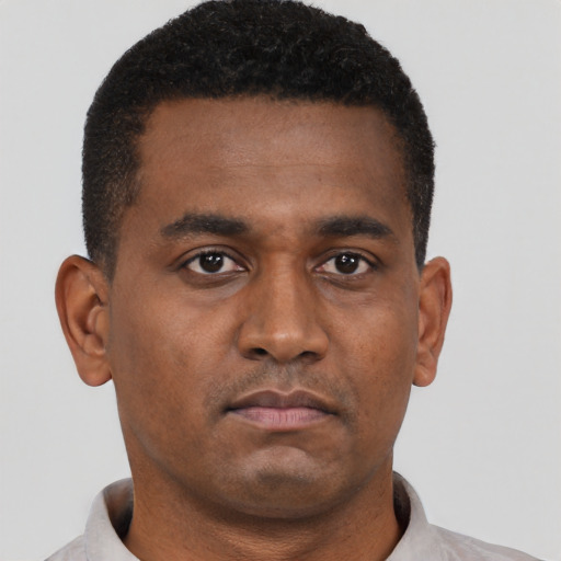 Neutral black young-adult male with short  black hair and brown eyes