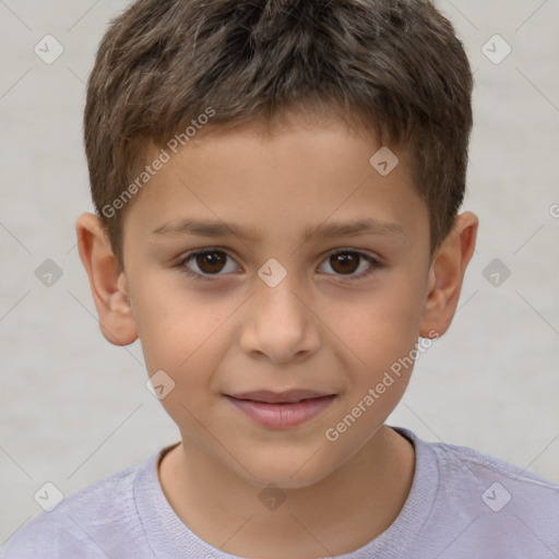 Joyful white child male with short  brown hair and brown eyes