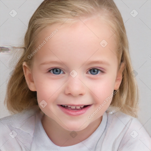 Joyful white child female with medium  brown hair and blue eyes