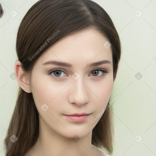 Neutral white young-adult female with long  brown hair and brown eyes