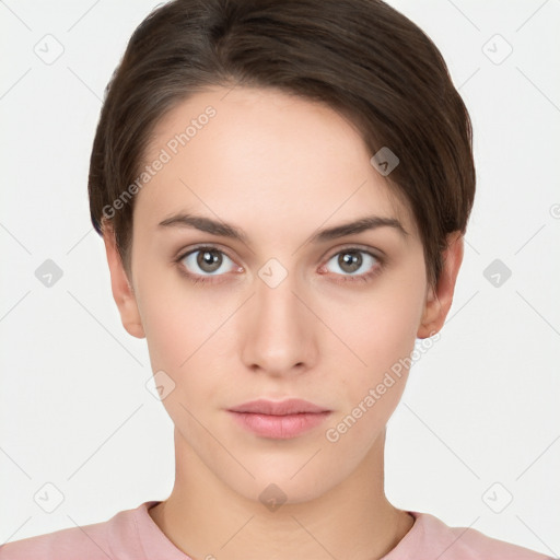 Neutral white young-adult female with short  brown hair and brown eyes