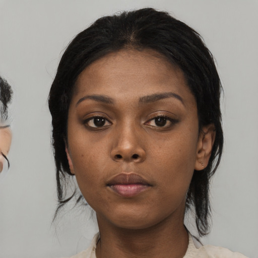 Neutral asian young-adult female with medium  black hair and brown eyes
