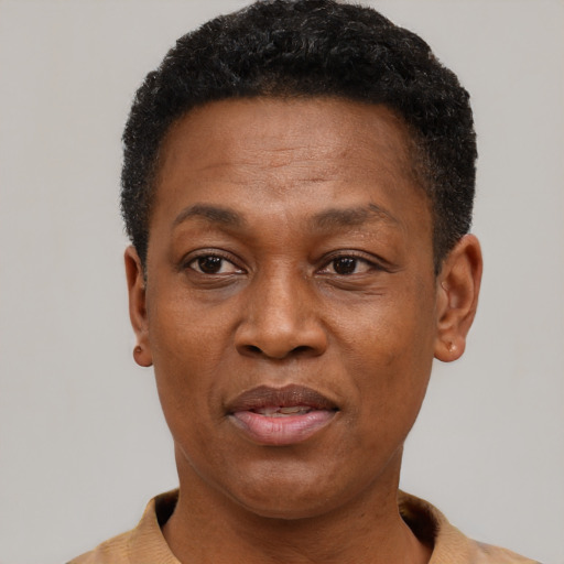 Joyful black adult male with short  black hair and brown eyes