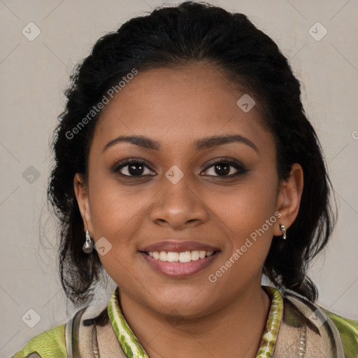 Joyful black young-adult female with medium  brown hair and brown eyes