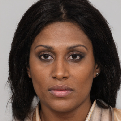 Neutral asian young-adult female with long  brown hair and brown eyes