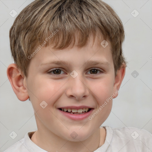 Joyful white child male with short  brown hair and brown eyes