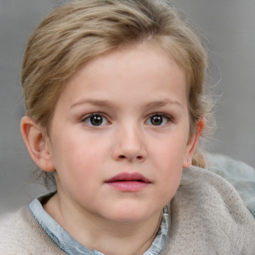 Neutral white child female with medium  brown hair and blue eyes