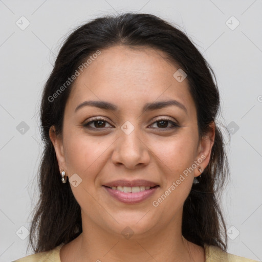 Joyful white young-adult female with long  brown hair and brown eyes