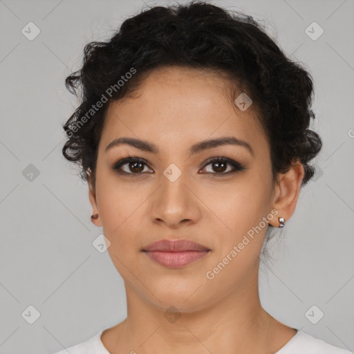 Joyful latino young-adult female with short  brown hair and brown eyes