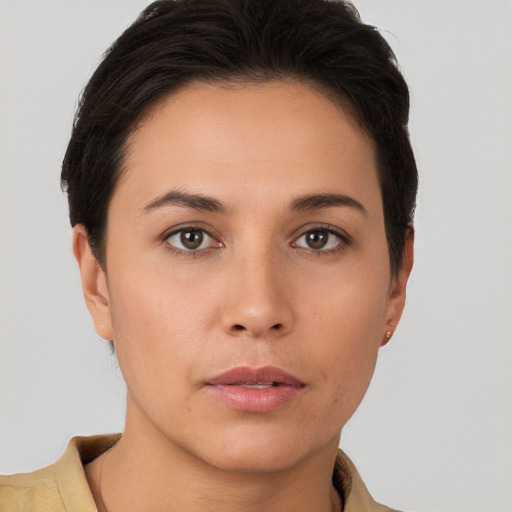 Neutral white young-adult female with short  brown hair and brown eyes