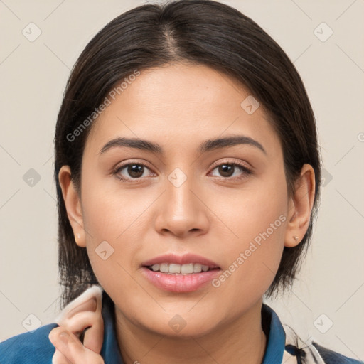 Joyful white young-adult female with medium  brown hair and brown eyes