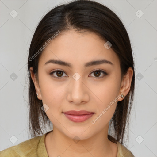 Joyful white young-adult female with medium  brown hair and brown eyes