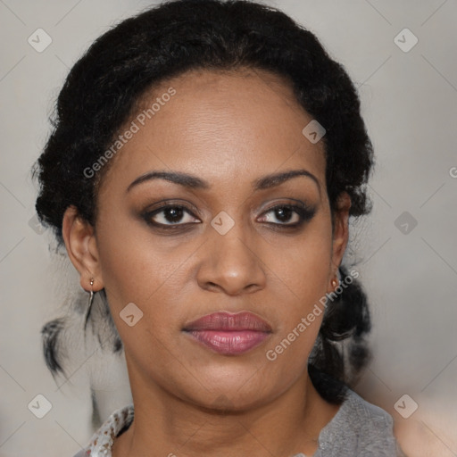 Joyful black young-adult female with medium  black hair and brown eyes