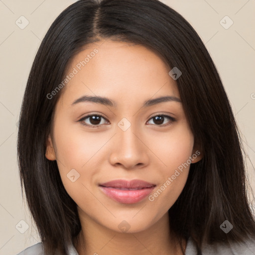 Joyful latino young-adult female with long  brown hair and brown eyes