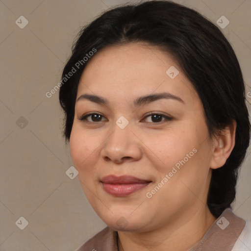 Joyful asian young-adult female with medium  brown hair and brown eyes