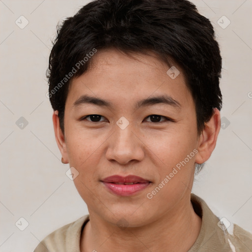 Joyful asian young-adult male with short  brown hair and brown eyes