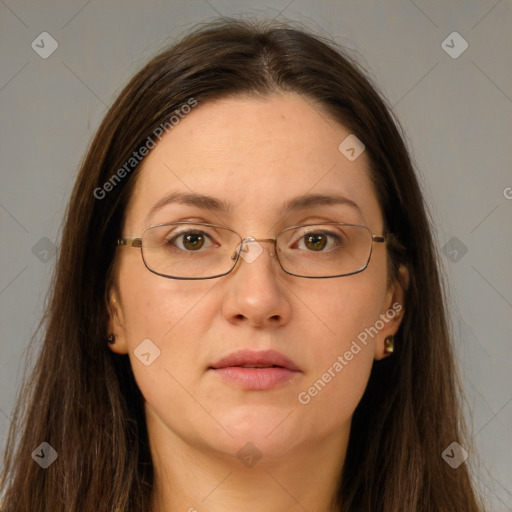 Neutral white young-adult female with long  brown hair and brown eyes