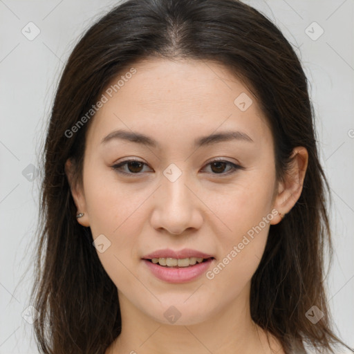 Joyful white young-adult female with long  brown hair and brown eyes