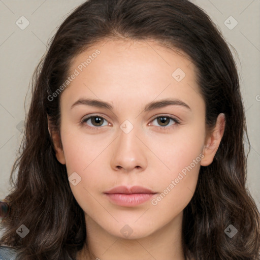 Neutral white young-adult female with long  brown hair and brown eyes