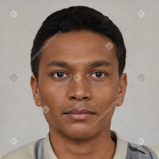 Neutral black young-adult male with short  black hair and brown eyes