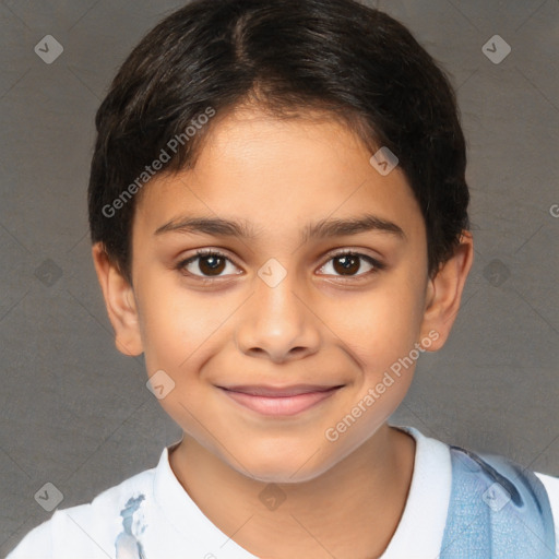 Joyful white child female with short  brown hair and brown eyes