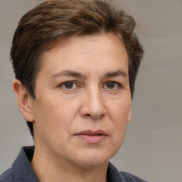 Neutral white adult female with short  brown hair and brown eyes