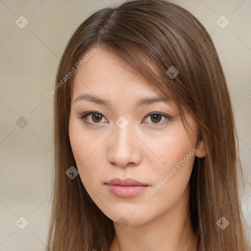 Neutral white young-adult female with long  brown hair and brown eyes