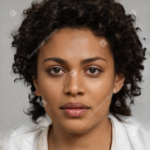 Neutral black young-adult female with medium  brown hair and brown eyes