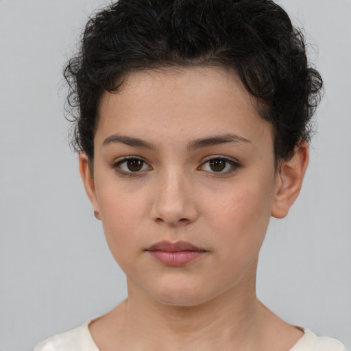 Neutral white young-adult female with short  brown hair and brown eyes