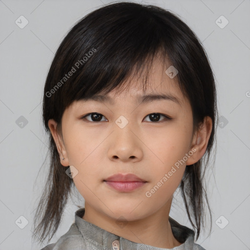 Neutral asian young-adult female with medium  brown hair and brown eyes