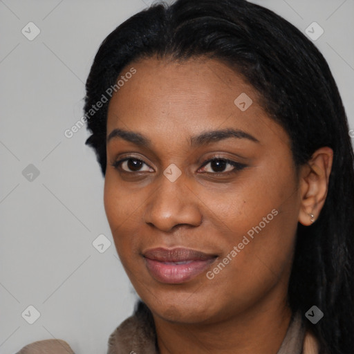 Joyful black young-adult female with medium  black hair and brown eyes