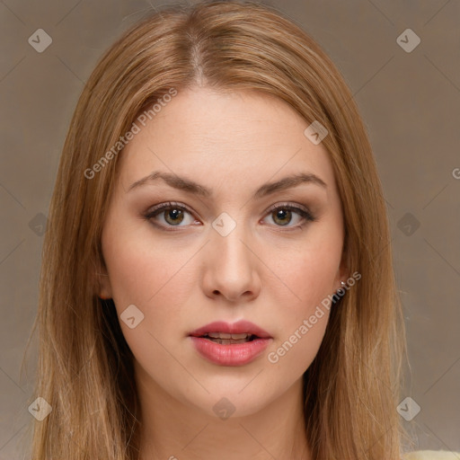 Neutral white young-adult female with long  brown hair and brown eyes