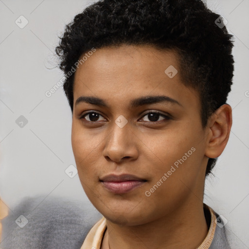 Neutral black young-adult female with short  black hair and brown eyes