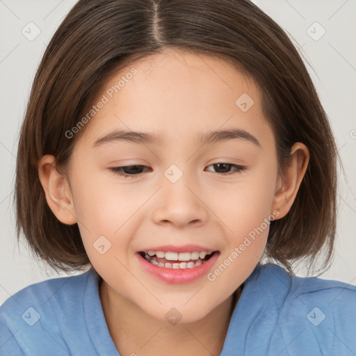 Joyful white child female with medium  brown hair and brown eyes