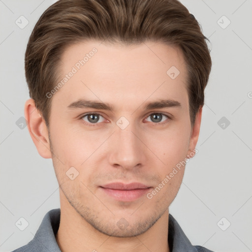 Neutral white young-adult male with short  brown hair and brown eyes