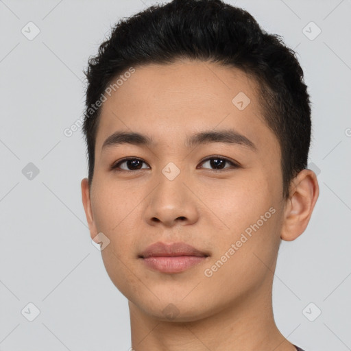 Neutral asian young-adult male with short  brown hair and brown eyes