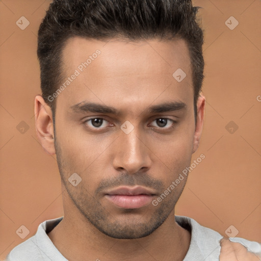 Neutral white young-adult male with short  brown hair and brown eyes