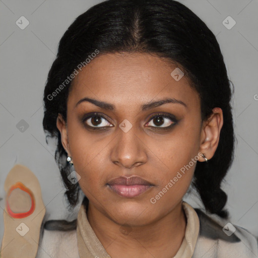Neutral latino young-adult female with medium  brown hair and brown eyes