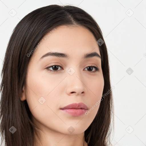 Neutral white young-adult female with long  brown hair and brown eyes